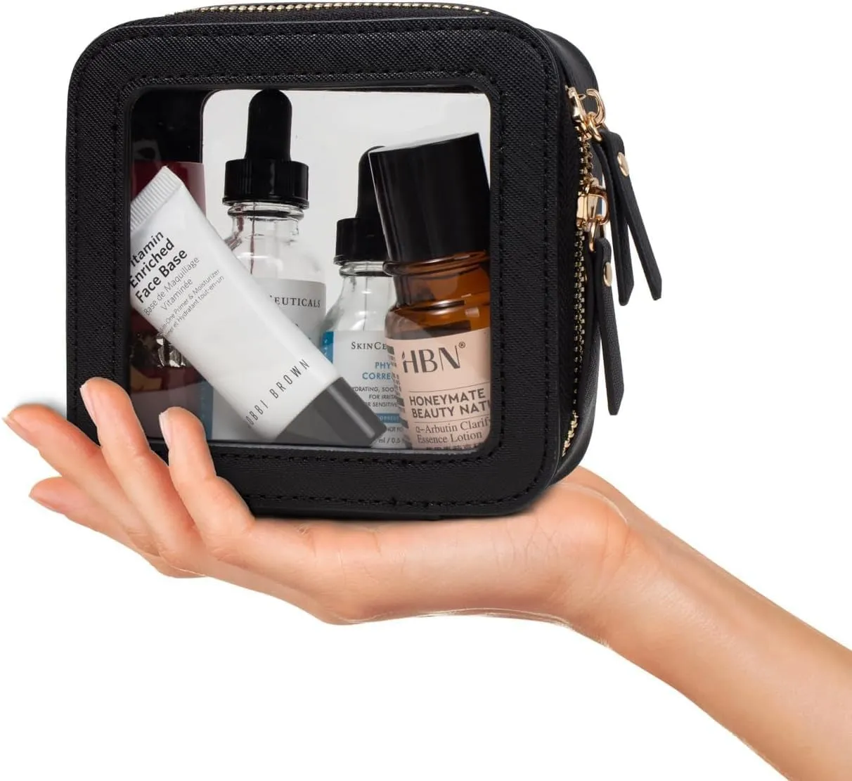Clear Makeup Bag for Women - Mini Waterproof Cosmetic Bag with Gold Zipper,Portable Travel Toiletry Pouch for Purse,Car Essentials(Clear Black)