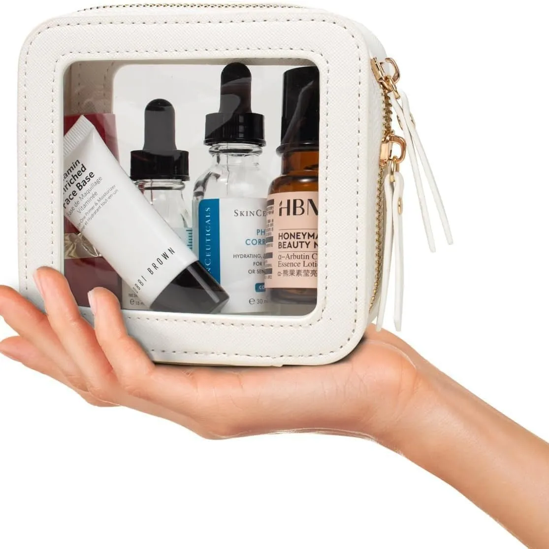 Clear Makeup Bag for Women - Mini Waterproof Cosmetic Bag with Gold Zipper,Portable Travel Toiletry Pouch for Purse,Car Essentials(Clear White)