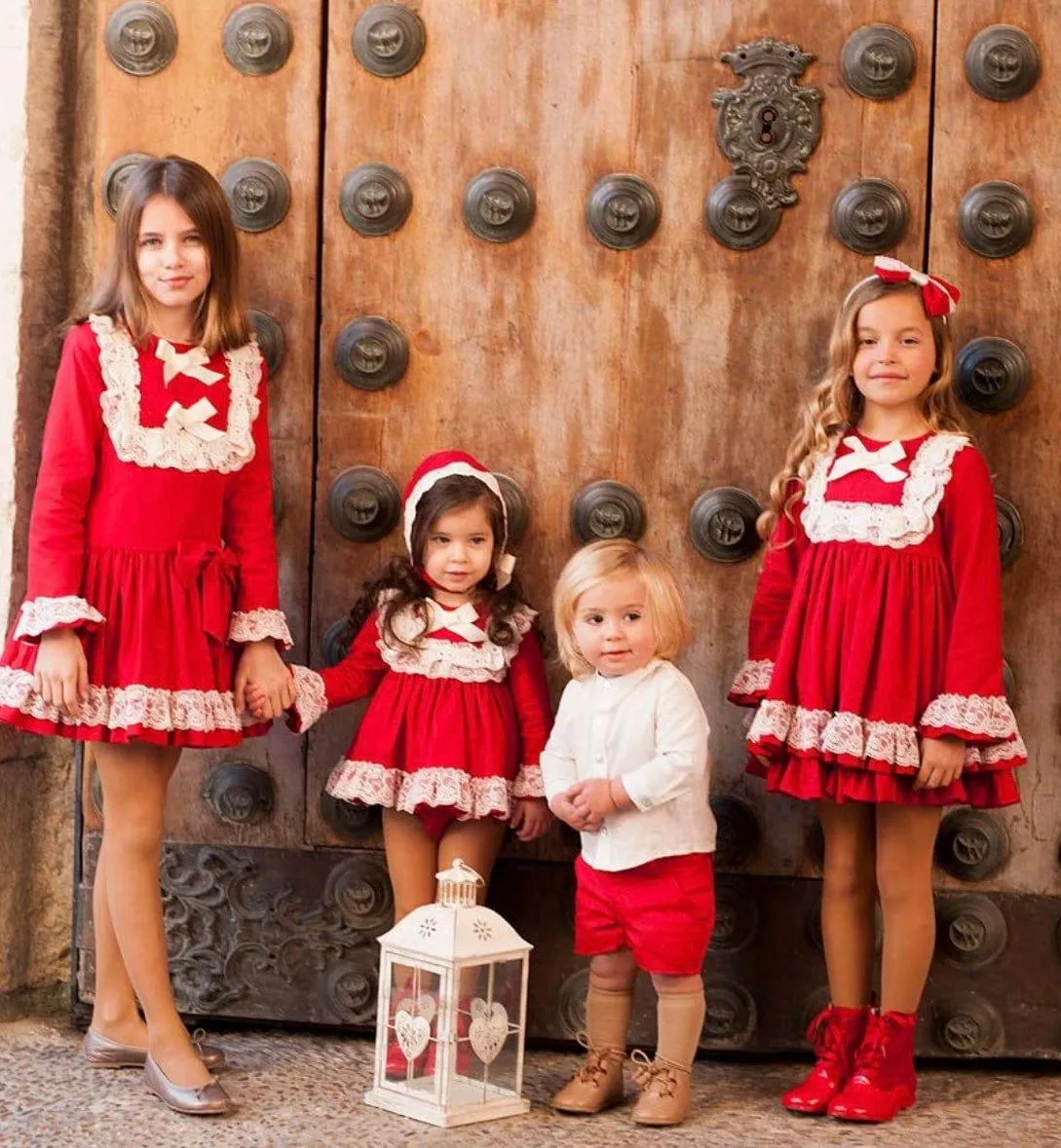 CLEARANCE SALE - Debesos AW23 - Girls Red and Cream Drop Waist Dress
