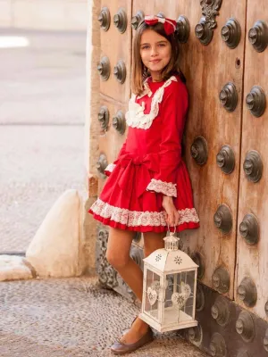 CLEARANCE SALE - Debesos AW23 - Girls Red and Cream Drop Waist Dress
