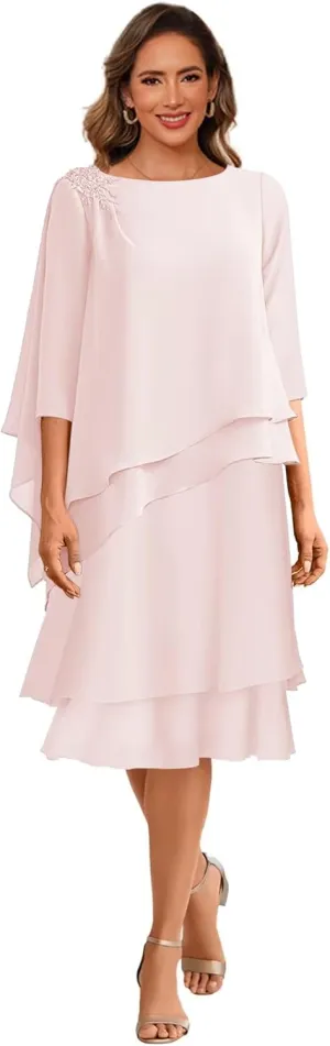 Clothfun Scoop Neck Mother of The Bride Dresses for Wedding 3/4 Sleeves Chiffon Ruffles Formal Evening Dress CY209