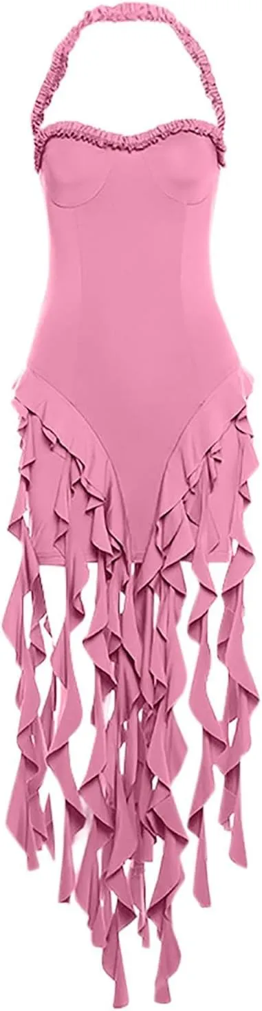 Cocktail Dresses for Women Sexy Off Shoulder Halter Ruched Neck Mini Dress Fashion Ruffle Tassels Evening Prom Gown