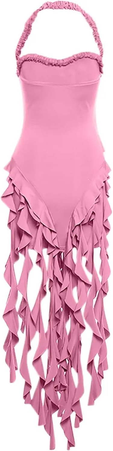 Cocktail Dresses for Women Sexy Off Shoulder Halter Ruched Neck Mini Dress Fashion Ruffle Tassels Evening Prom Gown