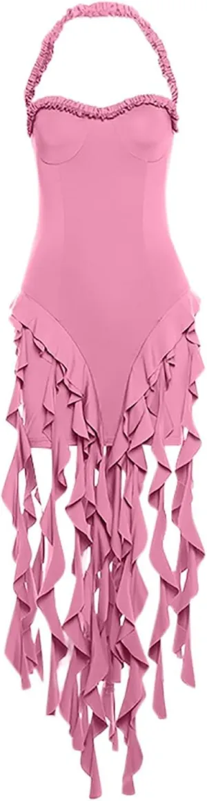 Cocktail Dresses for Women Sexy Off Shoulder Halter Ruched Neck Mini Dress Fashion Ruffle Tassels Evening Prom Gown