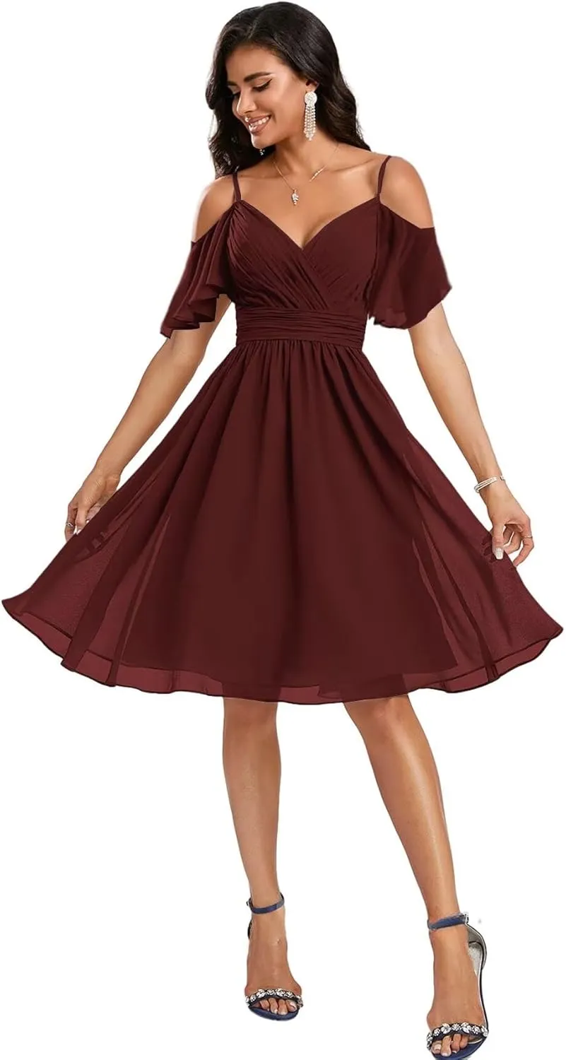 Cold Shoulder Bridesmaid Dresses with Sleeves Short Formal Dress for Women V Neck Evening Gown
