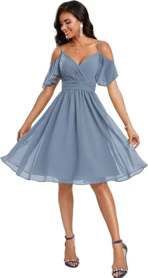 Cold Shoulder Bridesmaid Dresses with Sleeves Short Formal Dress for Women V Neck Evening Gown