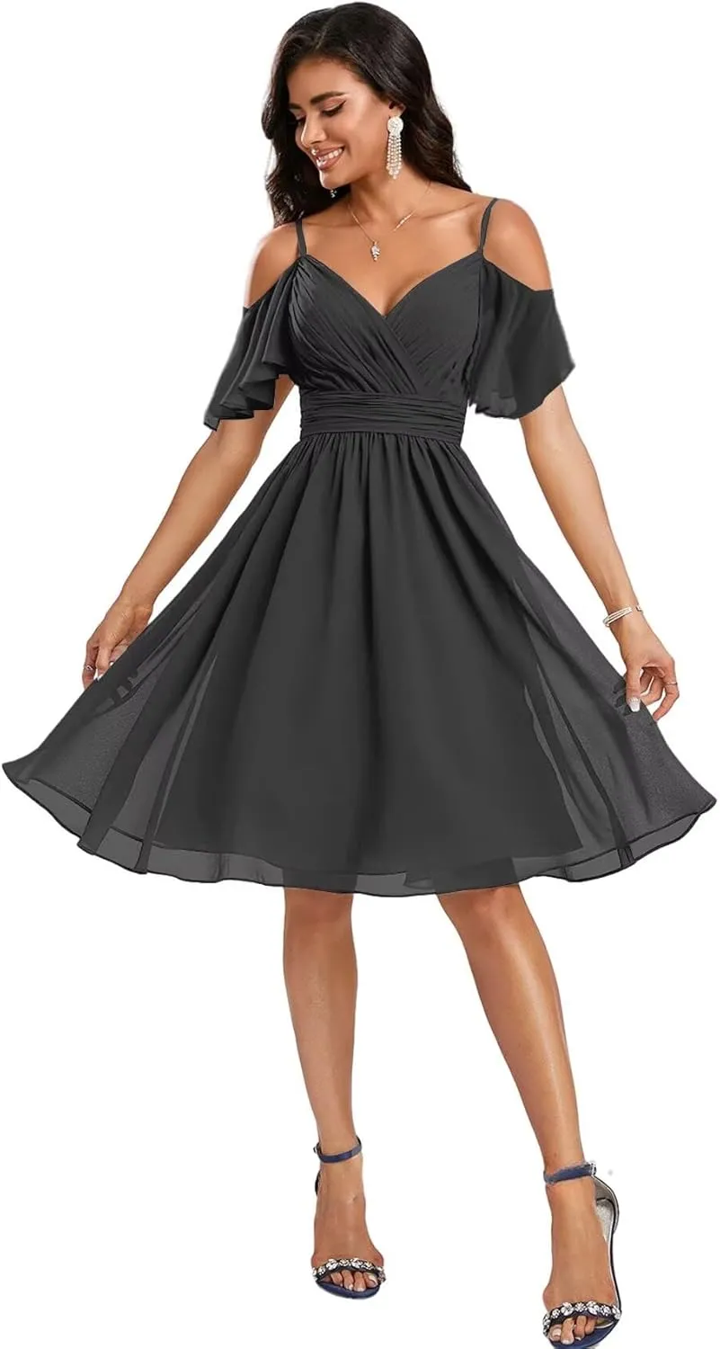 Cold Shoulder Bridesmaid Dresses with Sleeves Short Formal Dress for Women V Neck Evening Gown