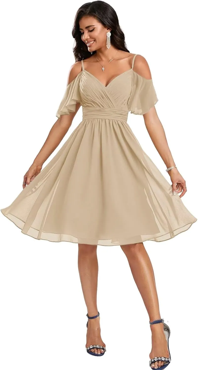 Cold Shoulder Bridesmaid Dresses with Sleeves Short Formal Dress for Women V Neck Evening Gown