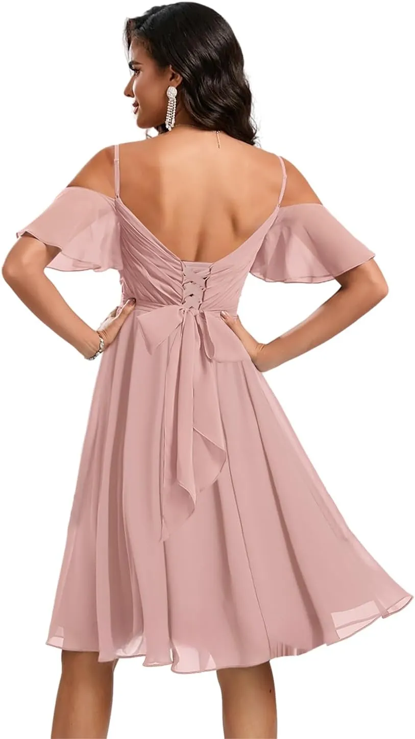 Cold Shoulder Bridesmaid Dresses with Sleeves Short Formal Dress for Women V Neck Evening Gown