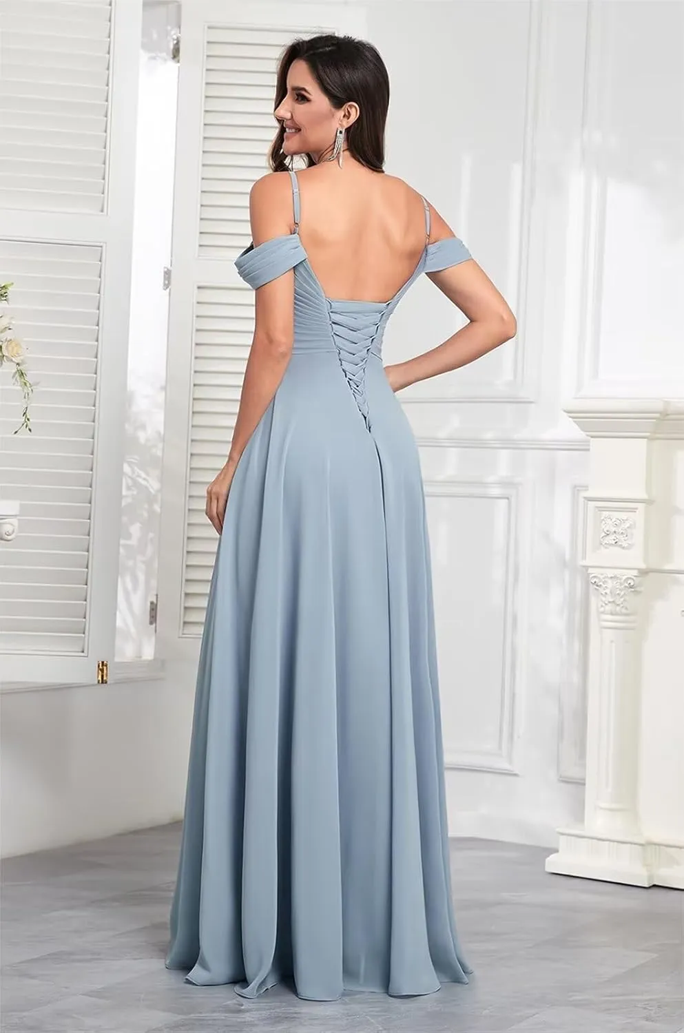 Cold Shoulder Chiffon Bridesmaid Dresses for Women 2025 Long V Neck Corset Formal Evening Gown with Slit Pockets