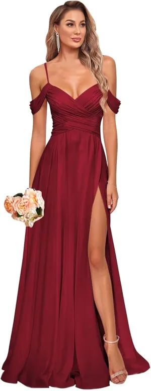 Cold Shoulder Chiffon Bridesmaid Dresses for Women 2025 Long V Neck Corset Formal Evening Gown with Slit Pockets