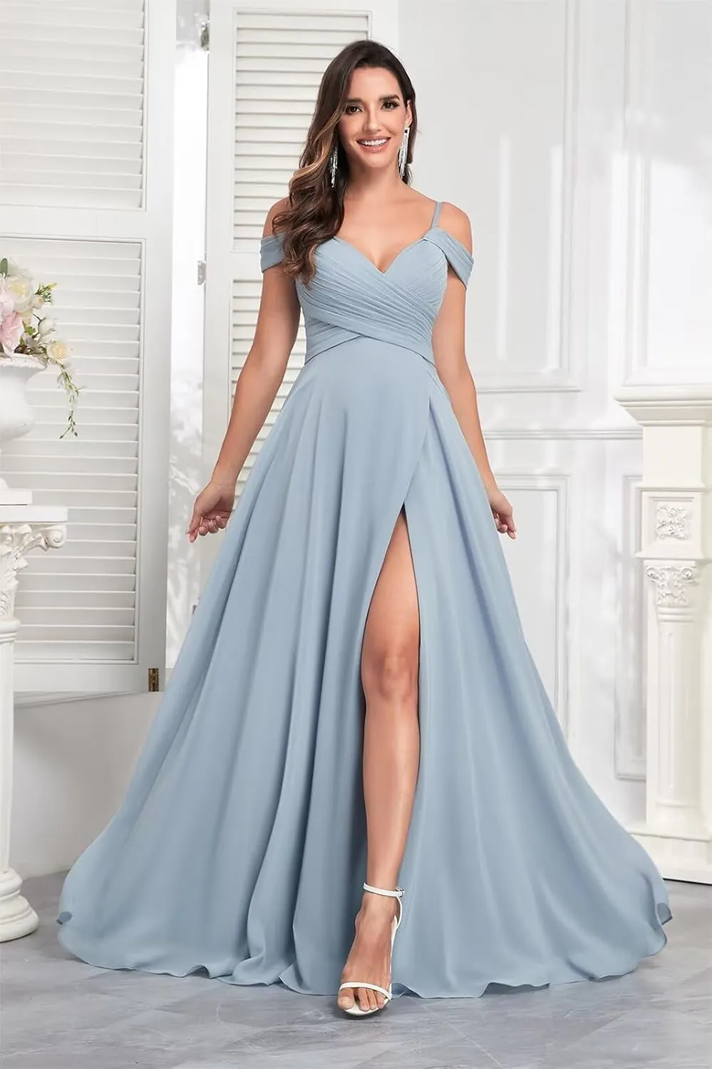 Cold Shoulder Chiffon Bridesmaid Dresses for Women 2025 Long V Neck Corset Formal Evening Gown with Slit Pockets