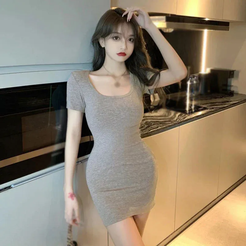 Color Solid Party All-match Summer Slim U-neck Fitting Sexy Club Dress