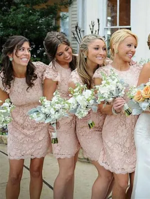 Column Scoop-Neck Knee-Length Lace Pink Bridesmaid Dresses HX0021