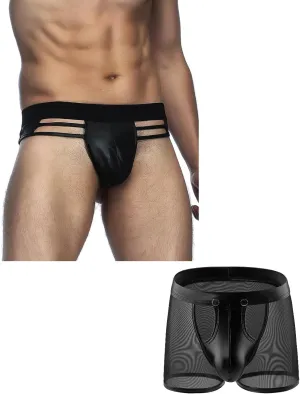comeondear Men's Thong Underwear PU Leather G-strings Sexy Mens Panties Breathable Briefs Bikini for Men Sissy Jockstrap Black Small