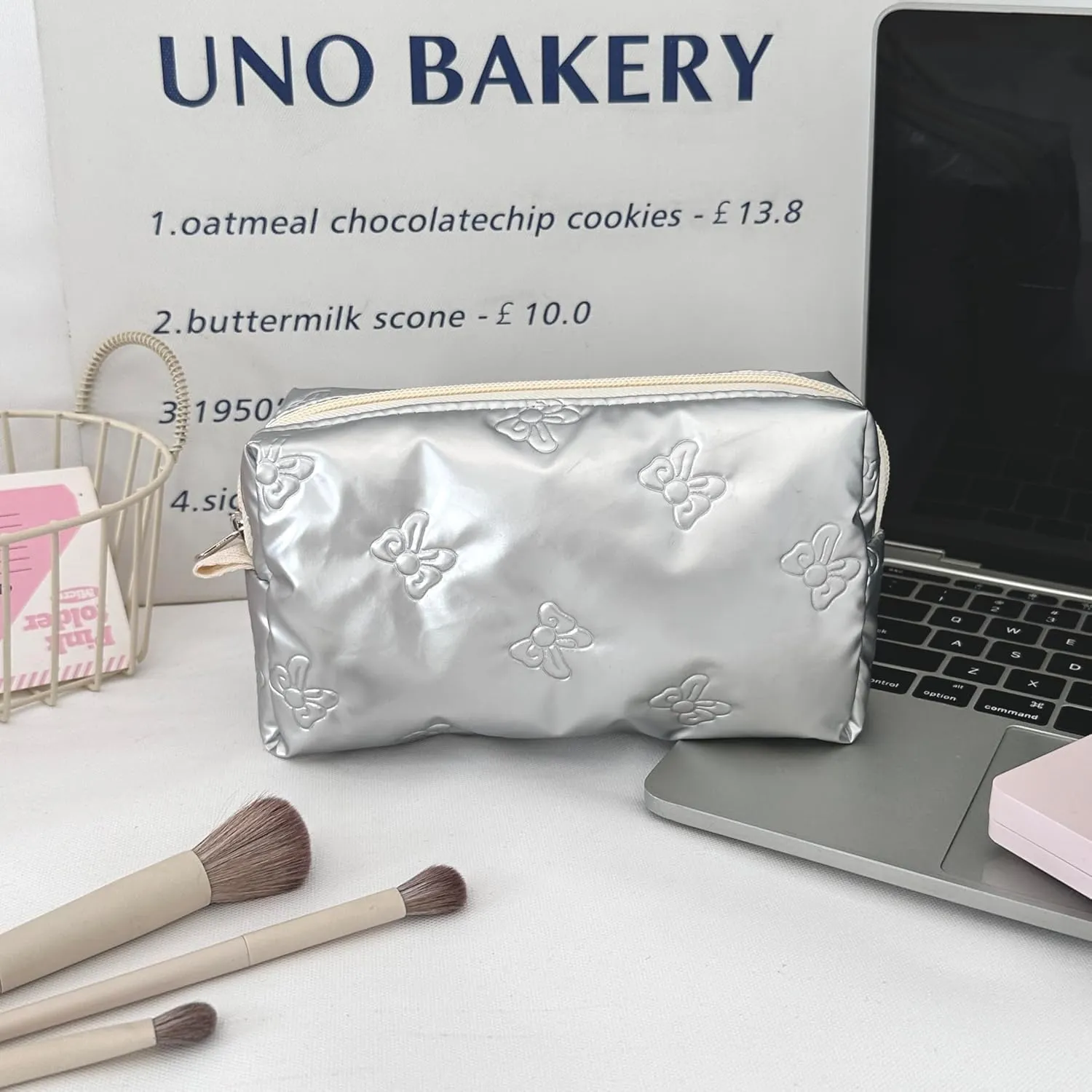 Cosmetic Pouch Large Makeup Bag Organizer Toiletry Bag for Travel Gifts and Daily Use for Women (Silver with bow)
