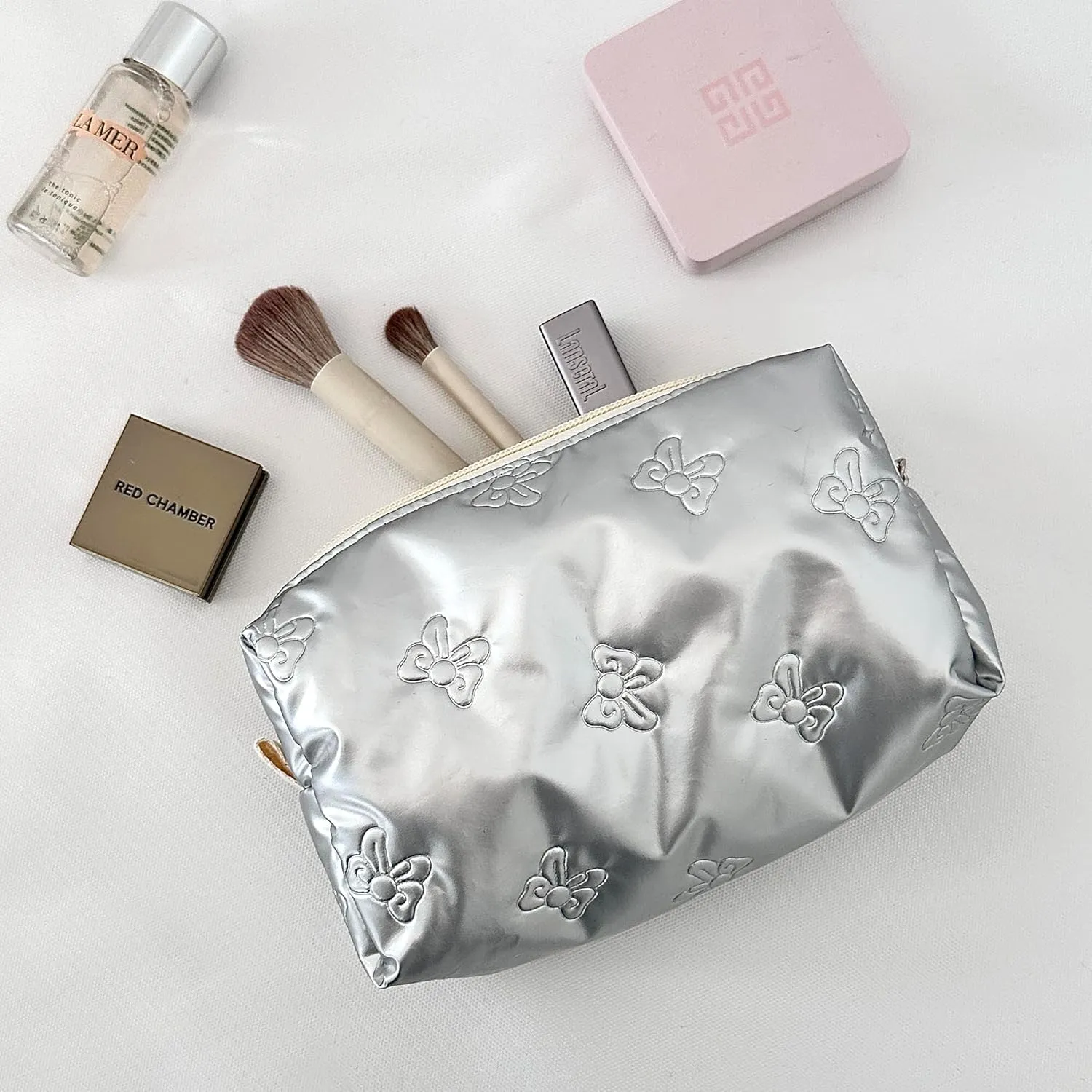 Cosmetic Pouch Large Makeup Bag Organizer Toiletry Bag for Travel Gifts and Daily Use for Women (Silver with bow)