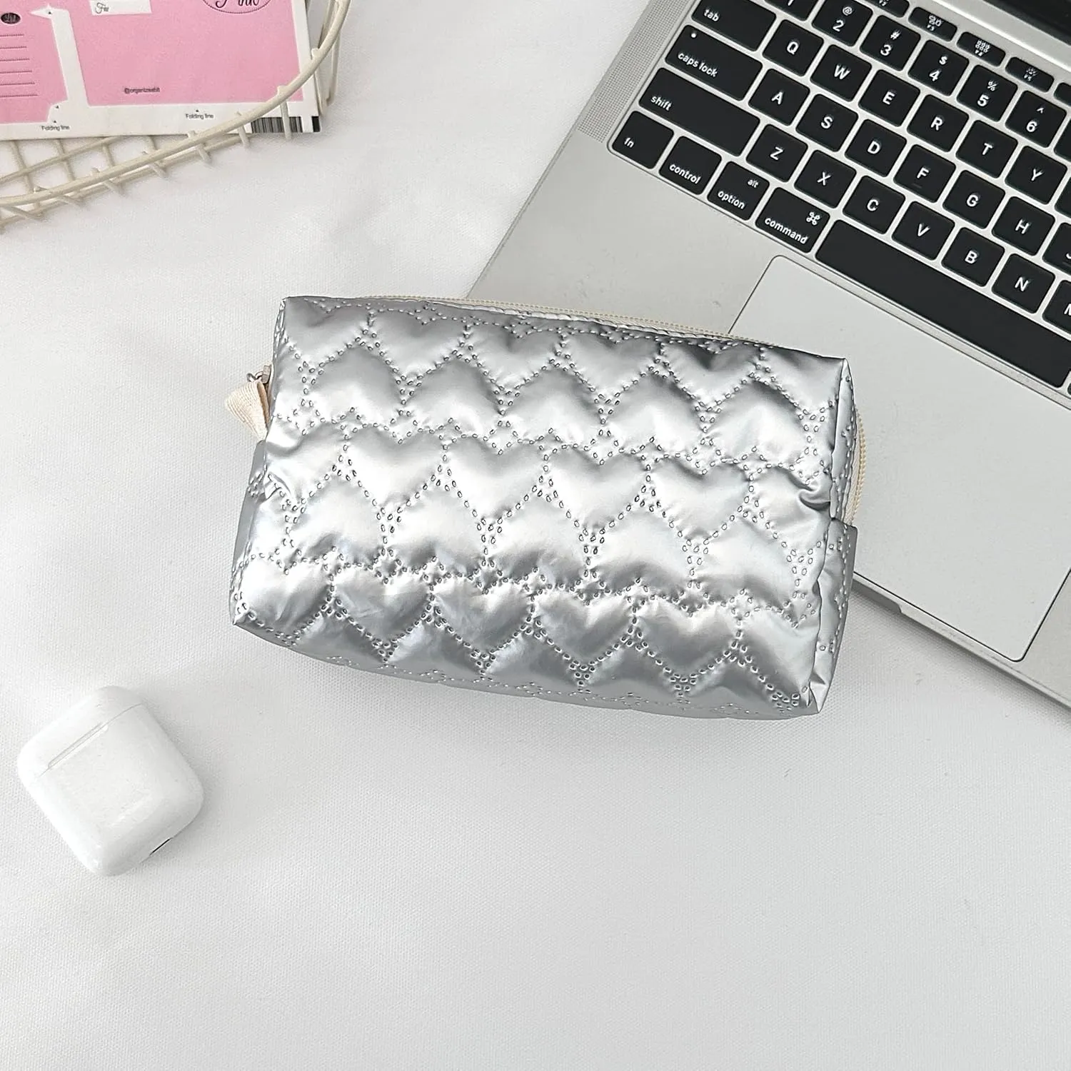 Cosmetic Pouch Large Makeup Bag Organizer Toiletry Bag for Travel Gifts and Daily Use for Women (Silver with heart pattern)