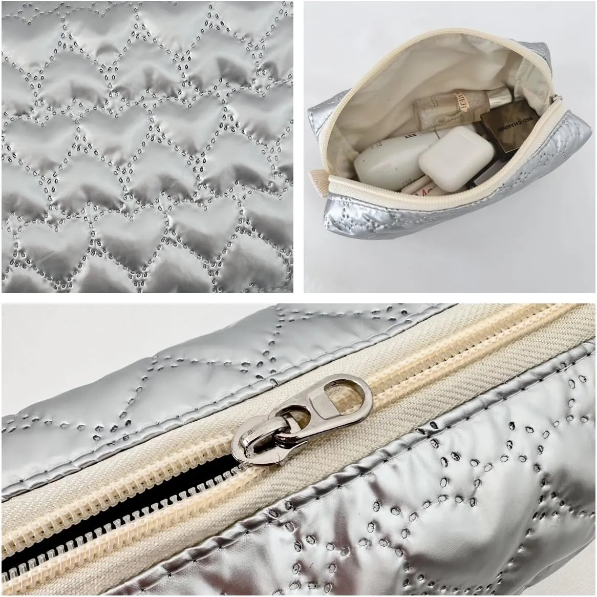Cosmetic Pouch Large Makeup Bag Organizer Toiletry Bag for Travel Gifts and Daily Use for Women (Silver with heart pattern)