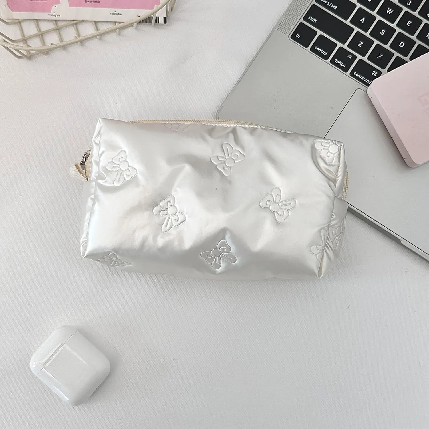 Cosmetic Pouch Large Makeup Bag Organizer Toiletry Bag for Travel Gifts and Daily Use for Women (White with bow)