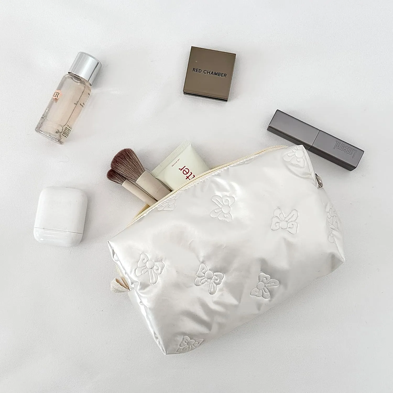 Cosmetic Pouch Large Makeup Bag Organizer Toiletry Bag for Travel Gifts and Daily Use for Women (White with bow)