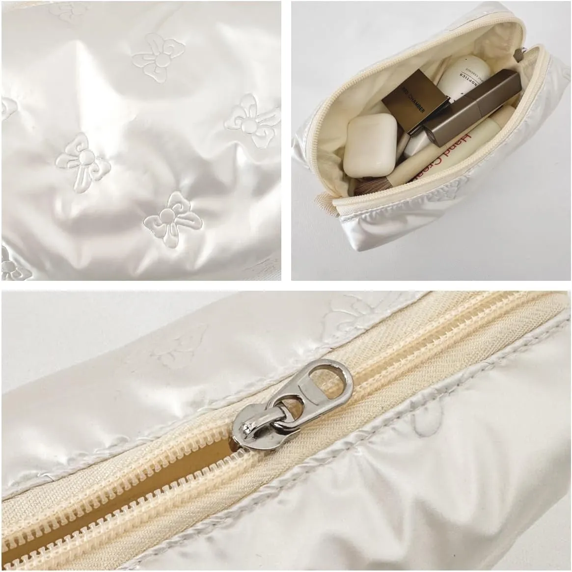 Cosmetic Pouch Large Makeup Bag Organizer Toiletry Bag for Travel Gifts and Daily Use for Women (White with bow)