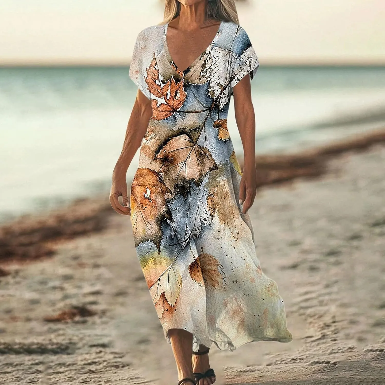 Cotton Linen Dresses for Women 2025 Maxi V Neck Short Sleeve Summer Fashion Casual Boho Dress Flowy Beach Vacation Clothes