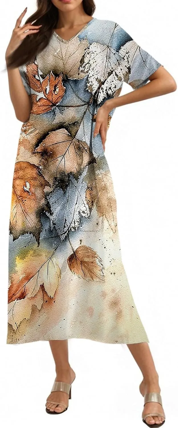 Cotton Linen Dresses for Women 2025 Maxi V Neck Short Sleeve Summer Fashion Casual Boho Dress Flowy Beach Vacation Clothes