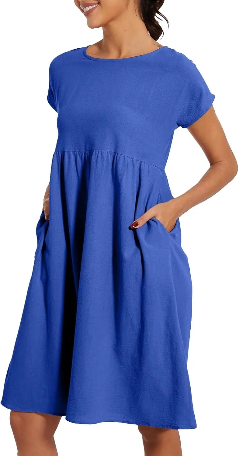 Cotton Linen Dresses for Women 2025 Summer Crewneck Short Sleeve Boho Maxi Dress Casual Loose Beach Dresses with Pockets