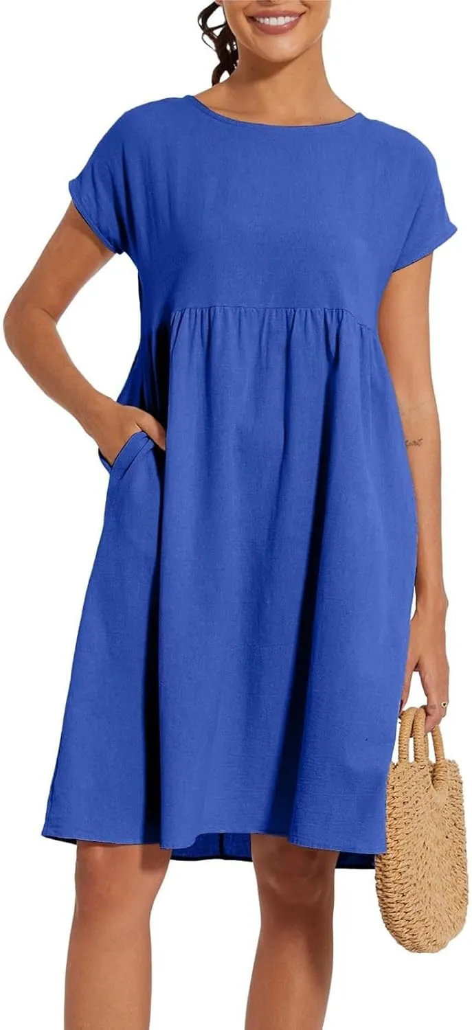 Cotton Linen Dresses for Women 2025 Summer Crewneck Short Sleeve Boho Maxi Dress Casual Loose Beach Dresses with Pockets