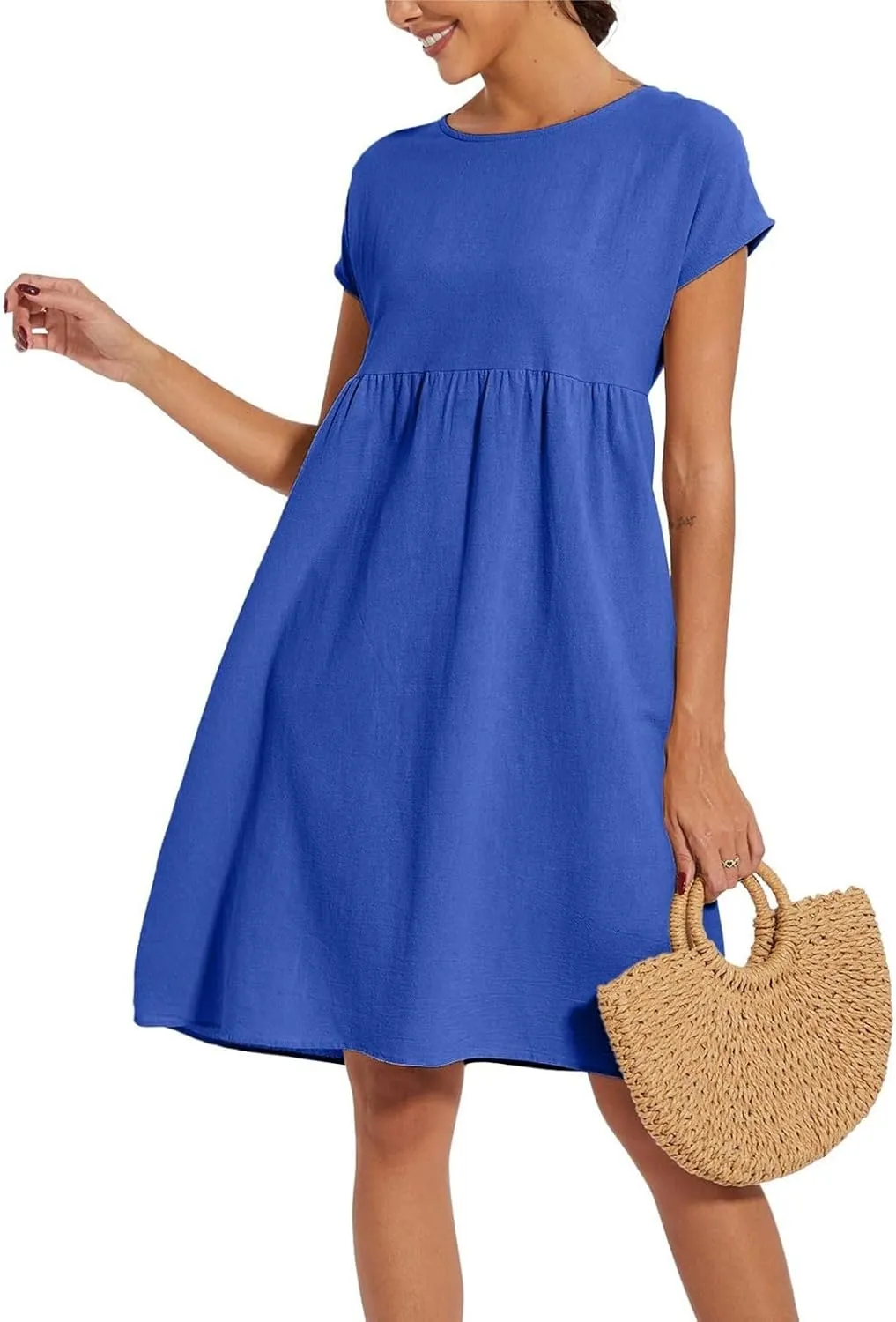 Cotton Linen Dresses for Women 2025 Summer Crewneck Short Sleeve Boho Maxi Dress Casual Loose Beach Dresses with Pockets