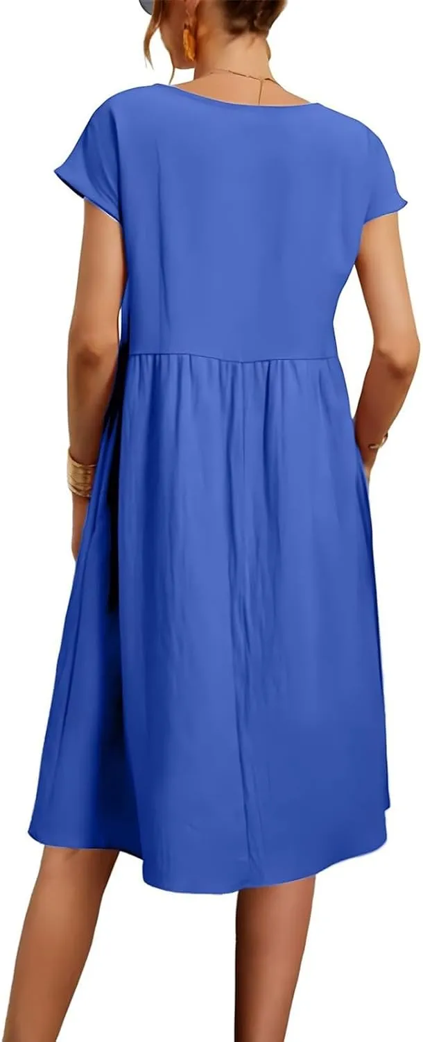 Cotton Linen Dresses for Women 2025 Summer Crewneck Short Sleeve Boho Maxi Dress Casual Loose Beach Dresses with Pockets