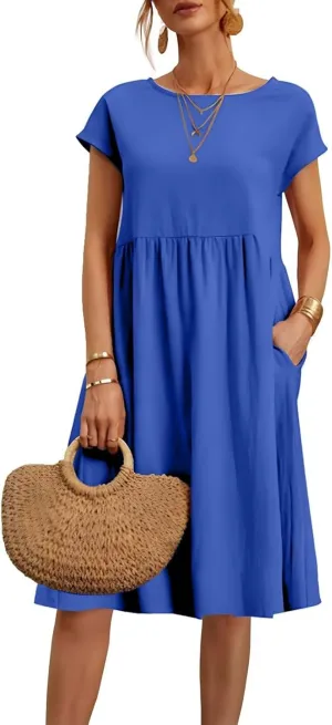 Cotton Linen Dresses for Women 2025 Summer Crewneck Short Sleeve Boho Maxi Dress Casual Loose Beach Dresses with Pockets