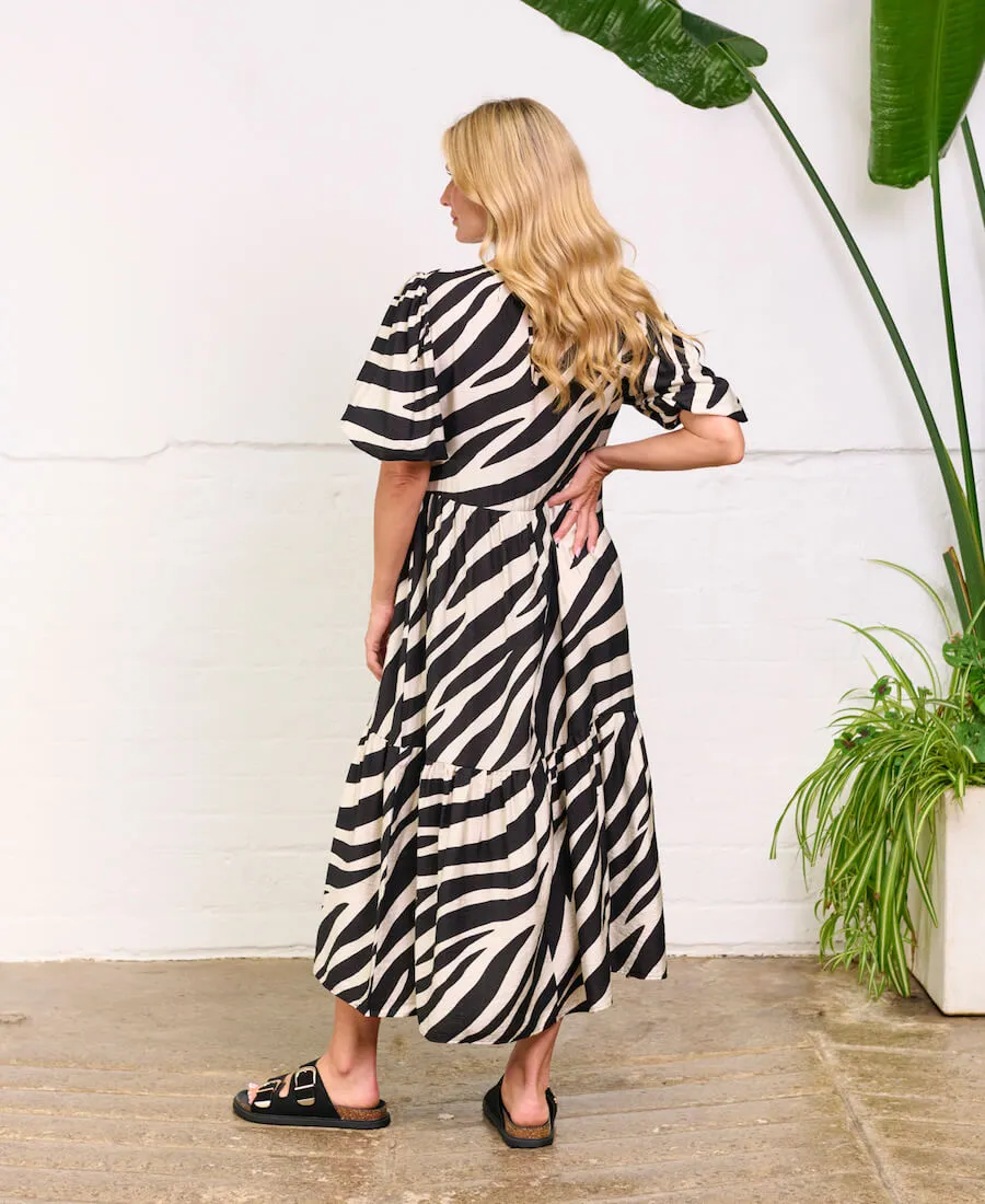 Cream Animal Viscose Puff Sleeve Midi Dress