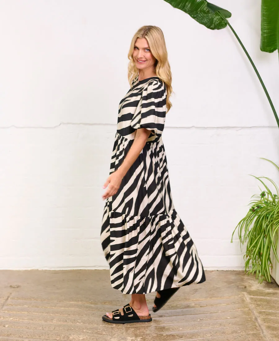 Cream Animal Viscose Puff Sleeve Midi Dress
