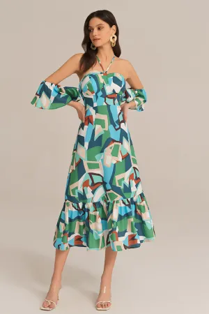 Cross Back Padded Bust Halterneck Off Shoulder Printed Dress - Green