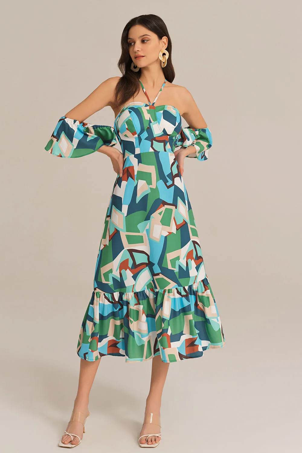 Cross Back Padded Bust Halterneck Off Shoulder Printed Dress - Green
