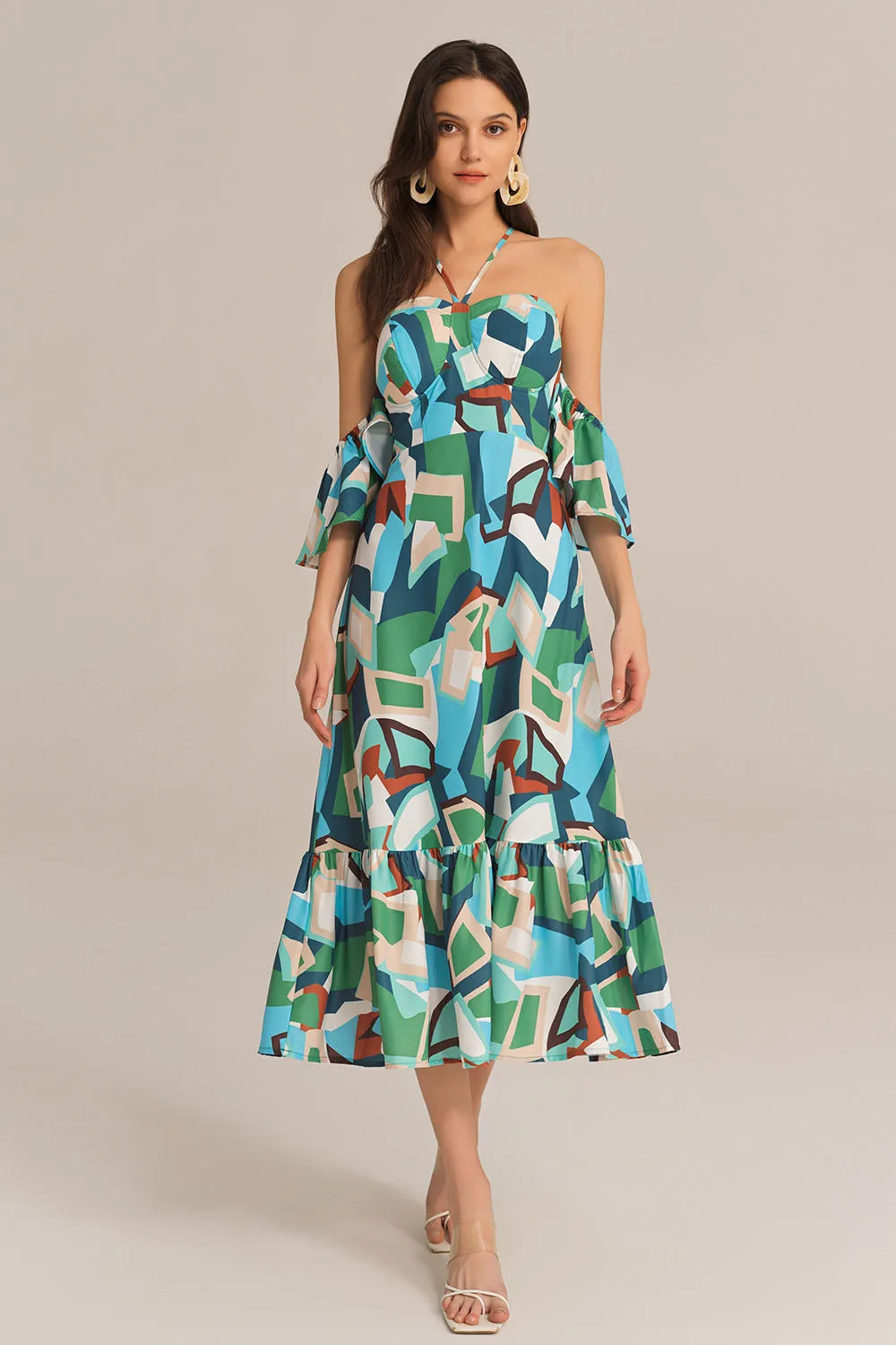 Cross Back Padded Bust Halterneck Off Shoulder Printed Dress - Green