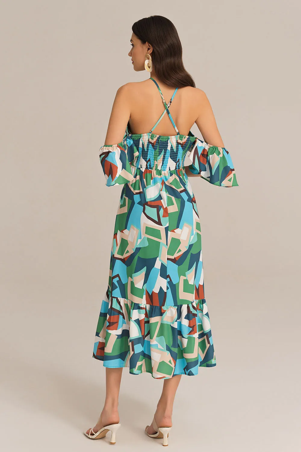 Cross Back Padded Bust Halterneck Off Shoulder Printed Dress - Green