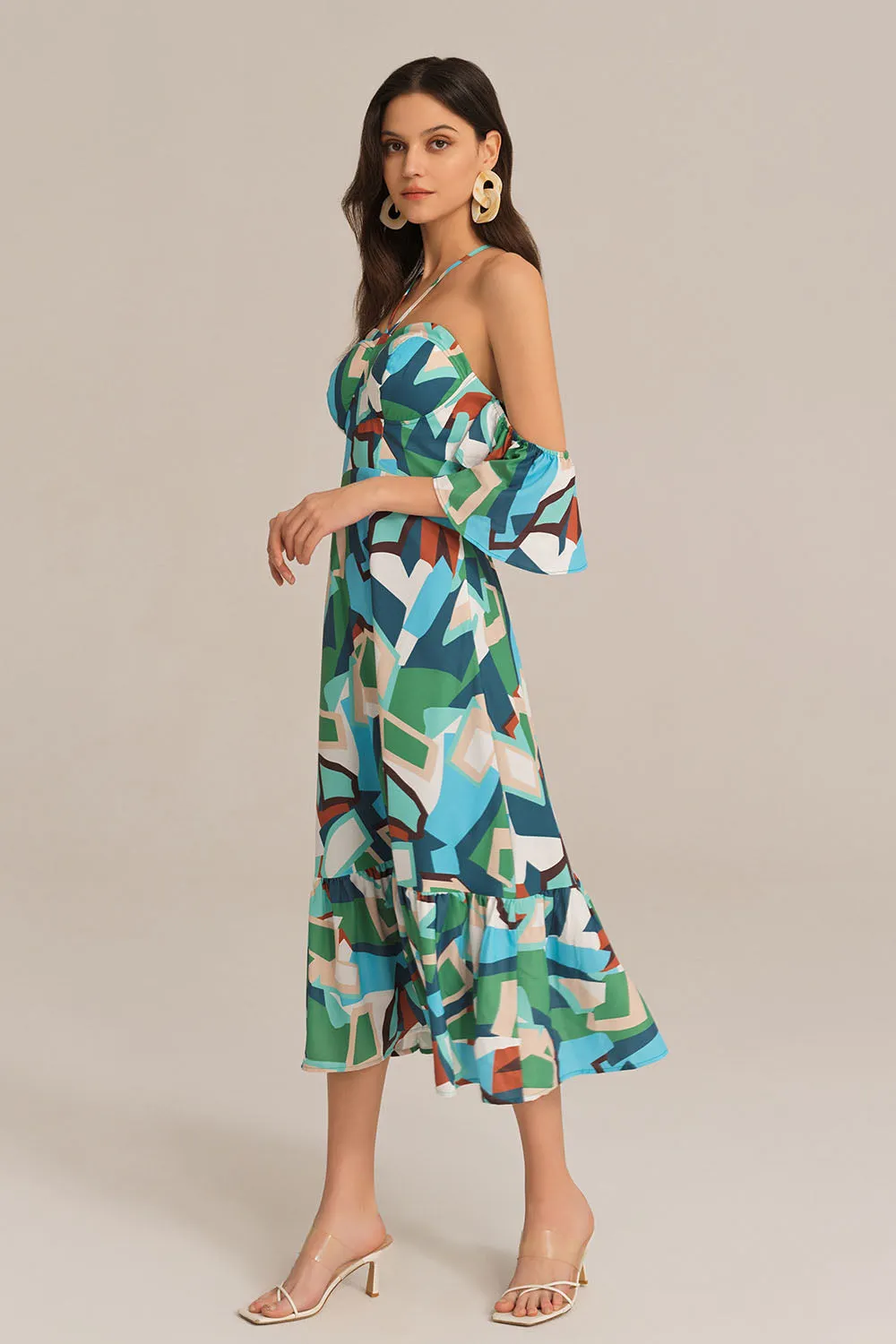 Cross Back Padded Bust Halterneck Off Shoulder Printed Dress - Green