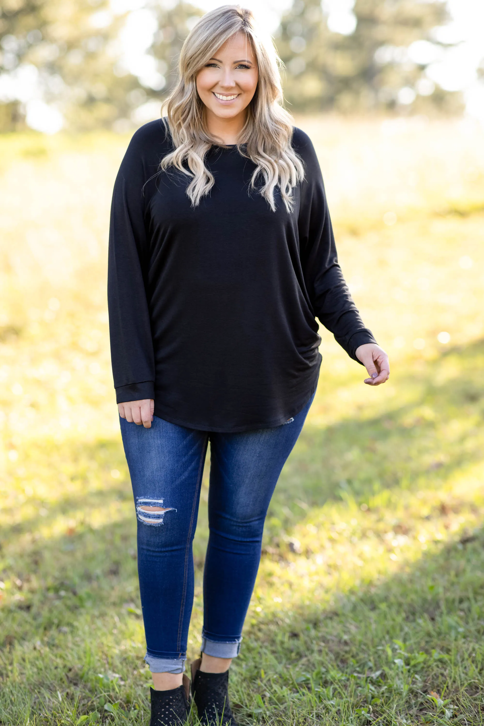 Curved Hem Slouchy Dolman Tunic, Black Fleece