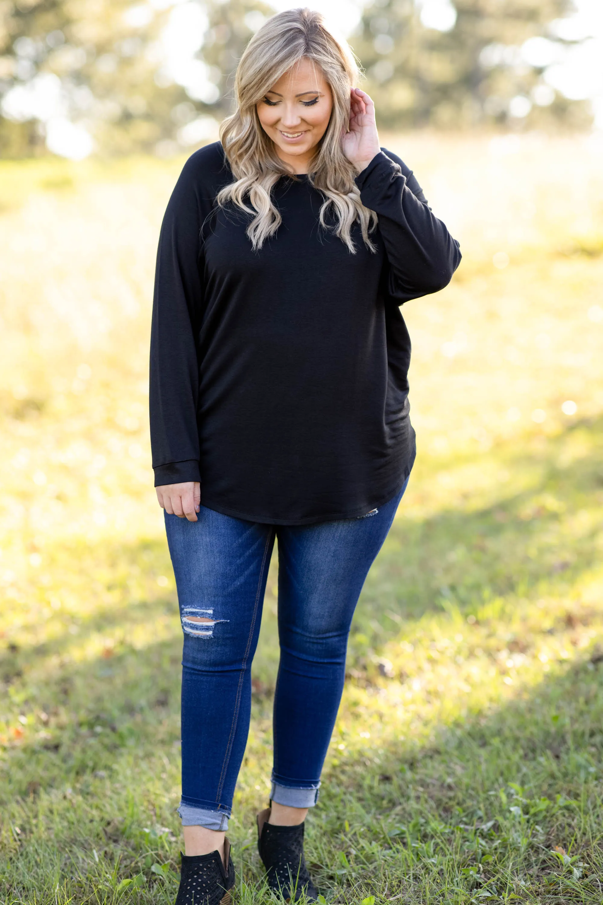 Curved Hem Slouchy Dolman Tunic, Black Fleece