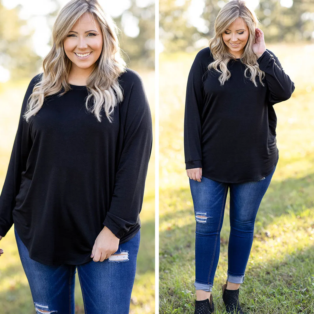 Curved Hem Slouchy Dolman Tunic, Black Fleece