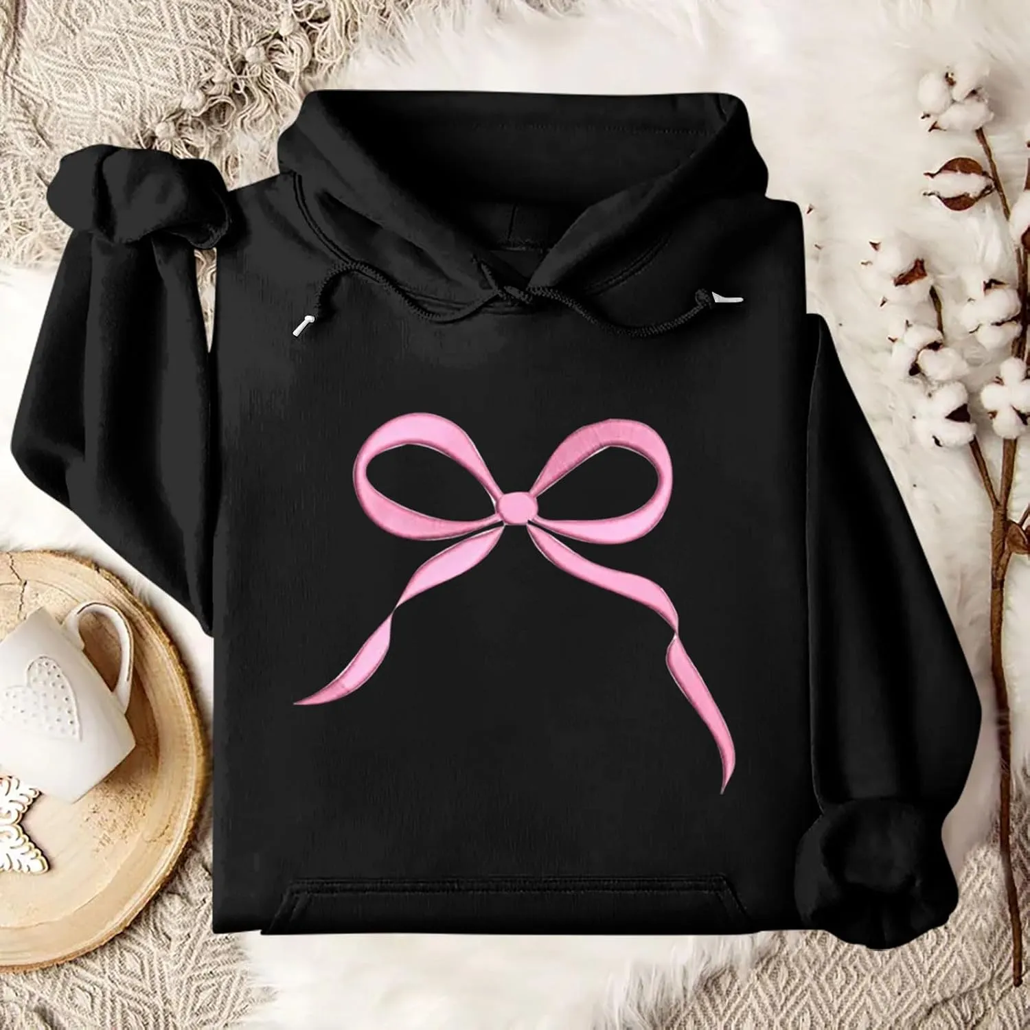 Cute Bow Print Hoodie Comfy Preppy clothes Bonney Bow Detail sweatshirt Y2k Comfy Coquette Hoodie