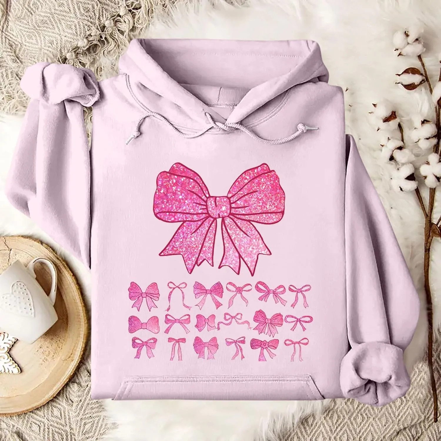 Cute Bow Print Hoodie Comfy Preppy clothes Bonney Bow Detail sweatshirt Y2k Comfy Coquette Hoodie