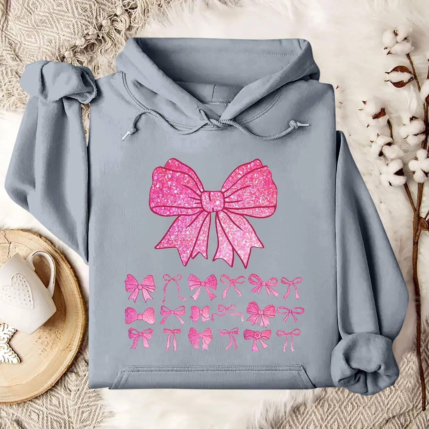 Cute Bow Print Hoodie Comfy Preppy clothes Bonney Bow Detail sweatshirt Y2k Comfy Coquette Hoodie
