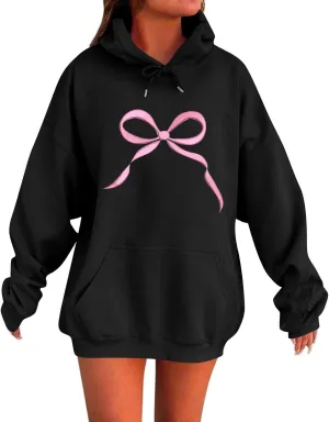Cute Bow Print Hoodie Comfy Preppy clothes Bonney Bow Detail sweatshirt Y2k Comfy Coquette Hoodie