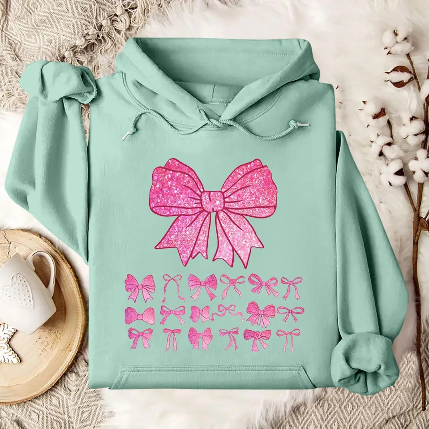 Cute Bow Print Hoodie Comfy Preppy clothes Bonney Bow Detail sweatshirt Y2k Comfy Coquette Hoodie
