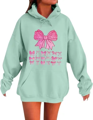 Cute Bow Print Hoodie Comfy Preppy clothes Bonney Bow Detail sweatshirt Y2k Comfy Coquette Hoodie
