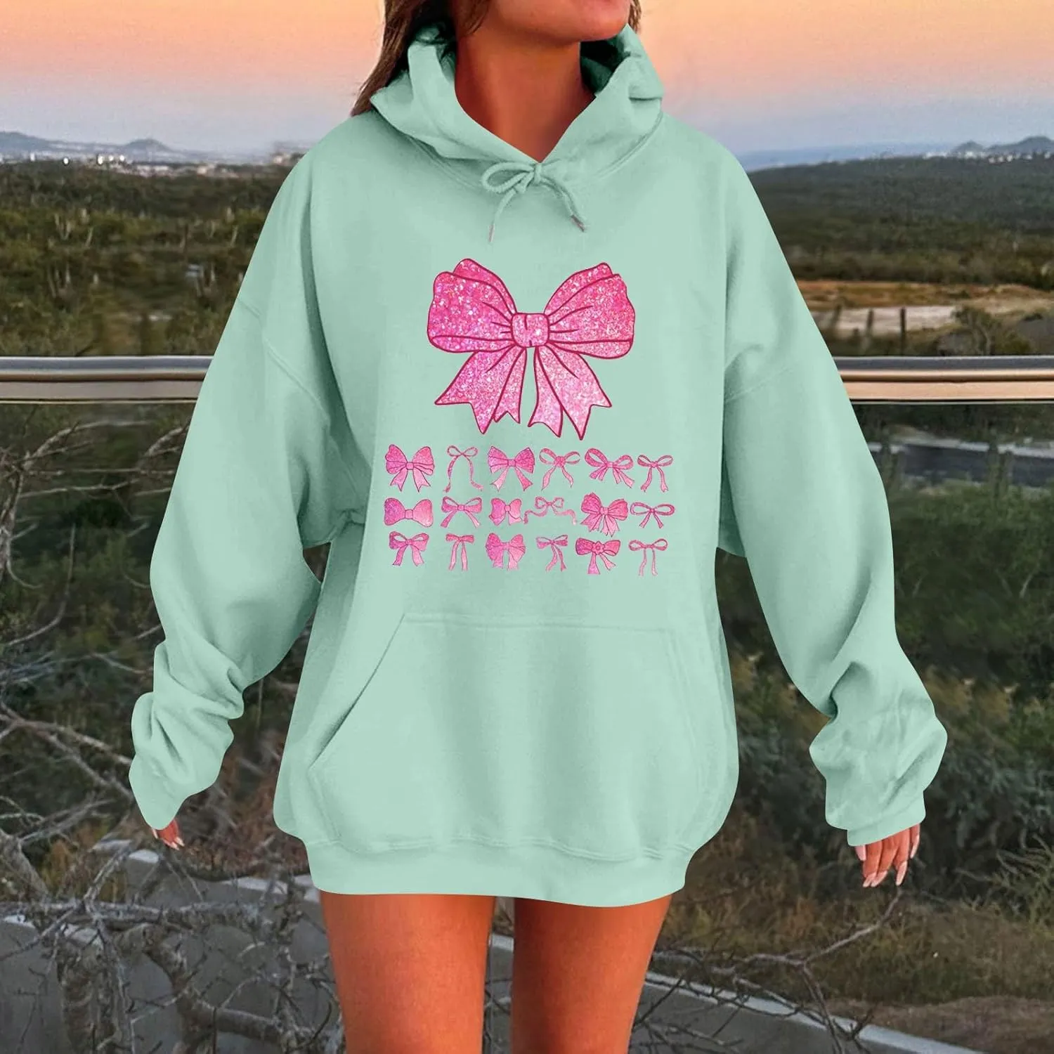 Cute Bow Print Hoodie Comfy Preppy clothes Bonney Bow Detail sweatshirt Y2k Comfy Coquette Hoodie